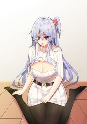Rule 34 | 1girl, belt, black belt, black pantyhose, blush, breasts, cleavage, cleavage cutout, clothing cutout, commentary request, dress, eyelashes, grey eyes, hair between eyes, hand on leg, highres, kuroko tori, large breasts, one side up, open mouth, pantyhose, parted lips, shinki (touhou), short dress, silver hair, simple background, sitting, solo, touhou, touhou (pc-98), wariza, white background, white dress, wooden floor
