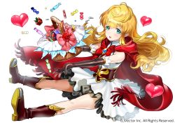 Rule 34 | 1girl, blonde hair, blush, boots, brown footwear, brown gloves, candy, cape, curly hair, elbow gloves, food, frilled skirt, frills, gem, gloves, green eyes, heart, long hair, looking at viewer, official art, open mouth, original, outstretched arms, red cape, simple background, sitting, skirt, smile, solo, tareme, watermark, white background, white skirt, yanyo (ogino atsuki)