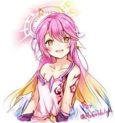 Rule 34 | 1girl, aged down, angel wings, blush, commentary, spiked halo, cross, english commentary, english text, feathered wings, gradient hair, halo, happy, ikasoke (likerm6au), jibril (no game no life), long hair, looking at viewer, low wings, magic circle, multicolored hair, no game no life, open mouth, pink hair, smile, solo, symbol-shaped pupils, tattoo, white wings, wing ears, wings, yellow eyes
