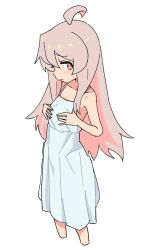 Rule 34 | 1girl, absurdres, ahoge, bare arms, bare shoulders, brown eyes, collarbone, colored inner hair, commentary, cropped legs, dress, frown, genderswap, genderswap (mtf), grey hair, hair between eyes, hands on own chest, highres, kosuda, light blush, long hair, looking at viewer, multicolored hair, onii-chan wa oshimai!, oyama mahiro, pink hair, simple background, sleeveless, sleeveless dress, solo, spaghetti strap, sundress, two-tone hair, white background, white dress