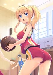 Rule 34 | &gt;:o, 1girl, :o, ass, ball, bare arms, basketball, basketball (object), basketball uniform, blonde hair, blue eyes, blush, bra, breasts, ceiling, cowboy shot, door, from side, green panties, holding, indoors, large breasts, long hair, looking at viewer, looking to the side, open mouth, original, oyaji-sou, panties, playing sports, ponytail, sidelocks, sleeveless, solo focus, sportswear, underwear, upshorts, v-shaped eyebrows