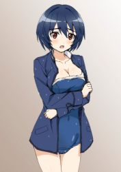 Rule 34 | 1girl, blue hair, blue one-piece swimsuit, blush, brave witches, breasts, brown eyes, cleavage, collarbone, covered navel, grey background, large breasts, looking at viewer, military, military uniform, one-piece swimsuit, open mouth, sakakibara taiga, shimohara sadako, short hair, simple background, solo, swimsuit, uniform, world witches series