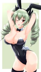Rule 34 | 1girl, ;p, absurdres, aikir (jml5160), alternate breast size, alternate costume, anchovy (girls und panzer), animal ears, armpits, arms behind head, arms up, bare shoulders, black bow, black bowtie, black leotard, black ribbon, black thighhighs, blush, border, bow, bowtie, breasts, cleavage, closed mouth, commentary, commission, covered navel, curvy, detached collar, drill hair, fake animal ears, fake tail, girls und panzer, gradient background, green background, green hair, hair ribbon, hands in hair, highleg, highleg leotard, highres, large breasts, leotard, long hair, looking at viewer, naughty face, one eye closed, outside border, pixiv commission, playboy bunny, rabbit ears, rabbit tail, ribbon, shiny clothes, shiny skin, smile, solo, standing, strapless, strapless leotard, tail, thighhighs, tongue, tongue out, twin drills, twintails, white border, wink