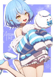 Rule 34 | 1girl, :d, absurdres, armpit crease, bare legs, bare shoulders, barefoot, blue background, blue hair, blue jacket, blush, border, breasts, crossed bangs, feet, fur-trimmed jacket, fur trim, hands up, highres, hololive, jacket, large breasts, long sleeves, looking at viewer, lunch boxer, medium hair, off shoulder, official alternate costume, official alternate hair length, official alternate hairstyle, open mouth, pointy ears, shadow, sleeves past fingers, sleeves past wrists, slippers, smile, soles, solo, striped clothes, striped jacket, teeth, thighs, toes, upper teeth only, virtual youtuber, white border, yellow eyes, yukihana lamy, yukihana lamy (loungewear), yukimin (yukihana lamy)