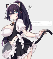 Rule 34 | 1girl, animal ears, apron, black bow, black eyes, black hair, black skirt, black vest, blue eyes, blush, bow, breasts, cat ears, cat girl, cat tail, center frills, cleavage, closed mouth, commentary request, frilled apron, frilled skirt, frilled wrist cuffs, frills, genderswap, genderswap (mtf), grey background, hair bow, heterochromia, high ponytail, highres, hong lu (project moon), large breasts, limbus company, long hair, maid, maid headdress, midriff, project moon, shiki (shikki46), simple background, skirt, solo, sweat, tail, translation request, tray, very long hair, vest, wrist cuffs