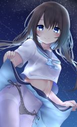 Rule 34 | 1girl, bad id, bad pixiv id, black panties, black ribbon, blue eyes, blue neckerchief, blue sailor collar, blush, brown hair, clothes lift, commentary request, crotch seam, frilled panties, frills, lifting own clothes, long hair, looking at viewer, neckerchief, night, night sky, odeclea, original, panties, panties over pantyhose, pantyhose, ribbon, sailor collar, school uniform, serafuku, shirt, short sleeves, side-tie panties, skirt, skirt lift, sky, solo, star (sky), starry sky, thighband pantyhose, underwear, upskirt, white pantyhose, white shirt
