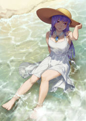 Rule 34 | 10s, 1girl, barefoot, black light, dress, feet, hand on headwear, hat, highres, jewelry, long hair, looking at viewer, monster strike, ocean, partially submerged, pendant, purple eyes, purple hair, signature, sitting, solo, straw hat, toes, water