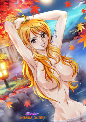 Rule 34 | 1girl, armpits, bathing, breasts, collarbone, completely nude, convenient censoring, hair censor, hair over breasts, hand up, highres, large breasts, long hair, looking at viewer, nami (one piece), navel, nude, one piece, onsen, orange eyes, orange hair, out-of-frame censoring, partially submerged, rider (orange couture), shoulder tattoo, sidelocks, solo, tattoo, water, wet