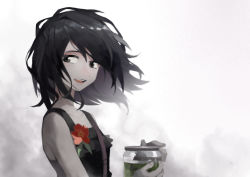 Rule 34 | 1girl, anita (arknights), arknights, bare shoulders, black dress, black eyes, black hair, boutonniere, chinese commentary, commentary request, dress, five-fall, flower, highres, holding, holding jar, jar, boutonniere, lapel pin, looking to the side, medium hair, messy hair, open mouth, red flower, solo, white background