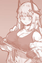 Rule 34 | 1girl, arknights, bare shoulders, black shirt, blush, breasts, brown theme, cleavage, closed mouth, commentary request, ear piercing, gloves, hair between eyes, hands up, holding, holding weapon, horns, infection monitor (arknights), jacket, large breasts, long hair, long sleeves, looking at viewer, mudrock (arknights), mudrock (elite ii) (arknights), off-shoulder jacket, off shoulder, piercing, pointy ears, shirt, sidelocks, simple background, solo, upper body, weapon, yume (i think.)