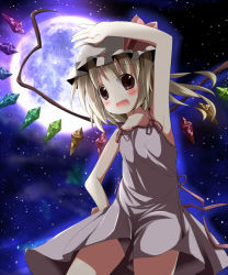 Rule 34 | 1girl, arm up, armpits, blonde hair, blush, camisole, fang, female focus, flandre scarlet, full moon, hat, kazura, moon, red eyes, short hair, side ponytail, solo, touhou, wings
