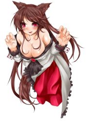 Rule 34 | 1girl, animal ears, bare shoulders, blush, breasts, brooch, brown hair, cleavage, collarbone, dress, fingernails, imaizumi kagerou, jewelry, kizaki aoi, large breasts, long sleeves, looking at viewer, open mouth, red eyes, simple background, solo, tail, touhou, white background, wide sleeves, wolf ears, wolf tail