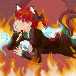 Rule 34 | 1girl, absurdres, animal ear fluff, animal ears, ass, black bow, black dress, blue fire, blunt bangs, blurry, blurry background, blush, bow, braid, cat ears, cat tail, closed mouth, dress, extra ears, fire, flaming skull, floating skull, hair bow, hair ribbon, hand on own cheek, hand on own face, hand up, head rest, highres, hitodama, indoors, juliet sleeves, kaenbyou rin, light smile, long hair, long sleeves, lying, multiple tails, nail polish, nekomata, on stomach, petticoat, profile, puffy sleeves, red eyes, red hair, red nails, ribbon, solo, tail, touhou, tress ribbon, twin braids, twintails, two tails, very long hair, zelo (kmtf3322), ||/