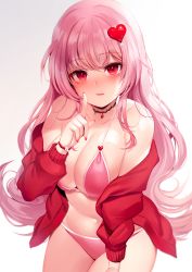 Rule 34 | 1girl, bare shoulders, bikini, blush, bracelet, breasts, choker, cleavage, closed mouth, gem, hair ornament, heart, heart hair ornament, highres, index finger raised, jacket, jewelry, large breasts, lips, long hair, long sleeves, looking at viewer, nail polish, navel, off shoulder, open clothes, open jacket, original, pink bikini, pink hair, red eyes, red jacket, red nails, simple background, solo, swimsuit, very long hair, zerocat