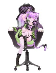 Rule 34 | 1girl, ;p, absurdres, animal ears, black footwear, black shirt, black shorts, boots, cat ears, cat girl, cat tail, chair, colored inner hair, commission, crop top, cropped shirt, full body, gaming chair, gradient hair, green eyes, green hair, highres, indie virtual youtuber, jacket, jacket partially removed, long sleeves, looking at viewer, multicolored hair, nennekorori4, one eye closed, open clothes, open jacket, purple hair, second-party source, shirt, short hair, short sleeves, shorts, shwaa, sitting, skeb commission, sleeves past fingers, sleeves past wrists, swivel chair, tail, tongue, tongue out, virtual youtuber, white hair