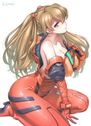 Rule 34 | arm support, ass, bodysuit, breasts, curvy, floor, gainax, hair between eyes, hand on own chest, highres, interface headset, long hair, looking to the side, neon genesis evangelion, no bra, open clothes, open shirt, plugsuit, red bodysuit, shiny clothes, simple background, sitting, solo, souryuu asuka langley, studiozombie, thighs, twintails, very long hair, wariza, white background, wide hips