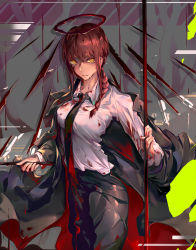 Rule 34 | 1girl, black necktie, black pants, blood, blood halo, blood on clothes, blood on face, blood on hands, braid, braided ponytail, breasts, business suit, chainsaw man, collared shirt, commentary request, formal, halo, highres, holding, holding polearm, holding weapon, jacket, liquid halo, long sleeves, looking at viewer, makima (chainsaw man), medium breasts, medium hair, necktie, office lady, open mouth, pants, polearm, red hair, red halo, renze l, ringed eyes, shirt, sidelocks, simple background, solo, suit, unworn jacket, weapon, white shirt, yellow eyes