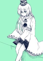 Rule 34 | 1girl, bright pupils, closed mouth, corrupted twitter file, feet out of frame, green background, green eyes, gurajio, hat, highres, japanese clothes, kariginu, limited palette, long hair, long sleeves, looking at viewer, mononobe no futo, pom pom (clothes), ribbon-trimmed sleeves, ribbon trim, simple background, sitting, skirt, solo, tate eboshi, touhou, white pupils, wide sleeves