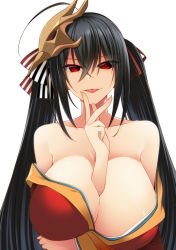 Rule 34 | 1girl, arm between breasts, azur lane, bare shoulders, between breasts, black hair, breasts, cleavage, hand to own mouth, huge breasts, japanese clothes, kimono, long hair, looking at viewer, mask, mask on head, miyashiro sousuke, off shoulder, red eyes, smile, solo, taihou (azur lane), tongue, tongue out, twintails, upper body