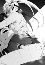 Rule 34 | 1boy, 1girl, ass, blush, bottomless, breasts, capelet, clothed sex, dorei elf kaihou sensou, earrings, floating hair, from side, girl on top, gloves, greyscale, hair between eyes, hair ornament, hetero, highres, jewelry, long hair, long sleeves, medium breasts, monochrome, motion lines, nanao (mahaya), novel illustration, official art, pointy ears, ponytail, sex, sideboob, sleeveless, very long hair