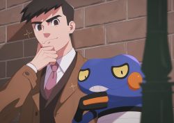 Rule 34 | 1boy, blouse, blurry, brick wall, brown coat, brown hair, brown jacket, buttons, closed mouth, coat, collared shirt, commentary request, creatures (company), croagunk, game freak, gen 4 pokemon, hand on own chin, hand up, highres, jacket, long sleeves, looker (pokemon), looking at viewer, male focus, necktie, nintendo, pokemon, pokemon (creature), pokemon dppt, purple neckwear, ruinai, shirt, short hair, smile, sparkle, stroking own chin, upper body, white shirt