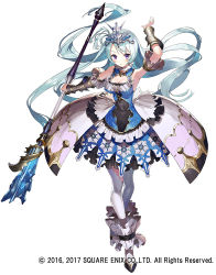 Rule 34 | 1girl, blue dress, blue hair, bracer, breasts, cleavage, cleavage cutout, clothing cutout, detached sleeves, dress, female focus, floating hair, full body, gaou (umaiyo puyoman), grimms notes, hand up, holding, holding weapon, large breasts, looking at viewer, official art, open clothes, open skirt, purple eyes, simple background, skirt, solo, standing, thighhighs, tiara, watermark, weapon, white background, white thighhighs