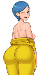 Rule 34 | 1girl, ass, ass focus, back, blue eyes, blue hair, bob cut, breasts, bulma, clothes down, clothes pull, cowboy shot, dragon ball, dragon ball super, dragonball z, feet out of frame, female focus, from behind, highres, jumpsuit, lips, loodncrood, looking at viewer, looking back, medium breasts, nipples, one eye closed, open mouth, short hair, shoulder blades, sideboob, simple background, solo, standing, teeth, thighs, topless, upper teeth only, white background, wink, yellow jumpsuit