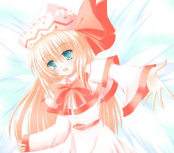 Rule 34 | 1girl, :d, blonde hair, bow, bowtie, capelet, female focus, green eyes, hat, lily white, long sleeves, looking at viewer, open mouth, red bow, red bowtie, shirotsuki kouta, sidelocks, smile, solo, tate eboshi, touhou, upper body