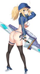 Rule 34 | 1girl, akatsuki ikki, arm up, artoria pendragon (fate), ass, baseball cap, bikini, black thighhighs, blonde hair, blue eyes, blush, breasts, commentary request, cropped jacket, fate/grand order, fate (series), from behind, full body, hat, high heels, highres, holding, holding weapon, large breasts, long hair, long sleeves, looking at viewer, looking back, medium breasts, mysterious heroine x (fate), mysterious heroine xx (fate), ponytail, shiny skin, shrug (clothing), side-tie bikini bottom, sideboob, sidelocks, simple background, smile, solo, standing, swimsuit, thighhighs, twinmyniad (fate), weapon, white background, wristband