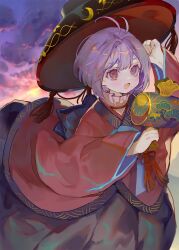 Rule 34 | 1girl, antenna hair, black hat, blush, bowl, bowl hat, cha goma, hat, highres, holding, japanese clothes, kimono, long sleeves, miracle mallet, open mouth, purple hair, red eyes, red kimono, short hair, smile, solo, sukuna shinmyoumaru, touhou, wide sleeves