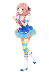 Rule 34 | 1girl, absurdres, aozora jumping heart, blue skirt, blush, boots, bow, brown hair, collar, earrings, floating hair, frilled skirt, frills, full body, hair ribbon, highres, idol, jewelry, knee boots, layered skirt, leg up, long hair, looking at viewer, love live!, love live! sunshine!!, miniskirt, open mouth, original, pink eyes, pleated skirt, red bow, ribbon, shirt, short sleeves, simple background, skirt, solo, standing, standing on one leg, striped clothes, striped ribbon, striped thighhighs, sudach koppe, swept bangs, thighhighs, white background, white footwear, white shirt, wrist cuffs, zettai ryouiki