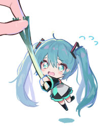 Rule 34 | 1girl, 1other, ahoge, black skirt, black sleeves, black thighhighs, blue hair, blush, collared shirt, detached sleeves, flying sweatdrops, food, full body, hair between eyes, hair ornament, hatsune miku, highres, holding, holding food, holding spring onion, holding vegetable, long hair, nisokurui, out of frame, own hands together, pleated skirt, shadow, shirt, sidelocks, simple background, skirt, solo focus, spring onion, tearing up, thighhighs, vegetable, vocaloid, white background, white shirt