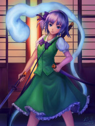 Rule 34 | 1girl, absurdres, alternate hair color, arched back, backlighting, blue eyes, breasts, collared shirt, dated, frilled skirt, frills, green skirt, green vest, hairband, highres, holding, holding sword, holding weapon, katana, konpaku youmu, konpaku youmu (ghost), light, looking at viewer, outdoors, purple hair, scabbard, sheath, shirt, short hair, signature, skirt, skirt set, sliding doors, small breasts, solo, standing, sword, touhou, vest, weapon, white shirt, yan guang aoxiang