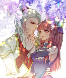 Rule 34 | 1boy, 1girl, absurdres, chi meng (hua jianghu zhi bei mo ting), couple, dress, flower, formal, hair ornament, hand on another&#039;s hip, highres, hip vent, holding hands, hua jianghu zhi bei mo ting, jewelry, long hair, necklace, open mouth, ponytail, purple dress, purple hair, rong nage rong, second-party source, sidelocks, smile, suit, tattoo, teeth, upper body, white background, white suit, wisteria