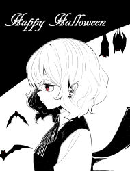 Rule 34 | 1girl, bat (animal), bat wings, closed mouth, collared shirt, frown, hair between eyes, happy halloween, highres, jewelry, limited palette, neck ribbon, no headwear, pointy ears, profile, red eyes, remilia scarlet, ribbon, shirt, short hair, snakku, solo, spot color, touhou, upper body, vest, wavy hair, wings