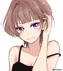 Rule 34 | 10s, 1girl, adjusting hair, alternate costume, alternate hair length, alternate hairstyle, bare arms, bare shoulders, black tank top, blunt bangs, breasts, brown hair, cleavage, contemporary, female focus, hair intakes, kajii supana, kantai collection, kongou (kancolle), lips, looking at viewer, medium breasts, neck, purple eyes, short hair, signature, simple background, smile, solo, spaghetti strap, strap slip, tank top, upper body, white background
