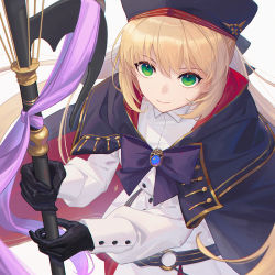 Rule 34 | 1girl, artoria caster (fate), artoria caster (second ascension) (fate), artoria pendragon (fate), black gloves, blonde hair, bow, bowtie, capelet, closed mouth, coat, fate/grand order, fate (series), floating hair, gloves, green eyes, holding, holding staff, long hair, long sleeves, looking at viewer, purple bow, purple bowtie, purple capelet, simple background, solo, staff, very long hair, white coat, whitem (whiteemperor2020)