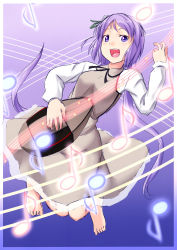Rule 34 | 1girl, :d, barefoot, biwa lute, dress, hair ornament, highres, instrument, long hair, lute (instrument), musical note, niwatazumi, open mouth, playing instrument, purple eyes, purple hair, sketch, smile, solo, staff (music), touhou, tsukumo benben