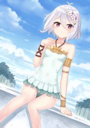 Rule 34 | 1girl, antenna hair, bare shoulders, blue sky, blush, breasts, casual one-piece swimsuit, cloud, cloudy sky, collarbone, commentary request, day, dutch angle, flower, frilled swimsuit, frills, green one-piece swimsuit, hair between eyes, hair flower, hair ornament, hajime kaname, hand up, highres, horizon, kokkoro (princess connect!), kokkoro (summer) (princess connect!), looking at viewer, ocean, one-piece swimsuit, outdoors, pointy ears, princess connect!, purple eyes, purple flower, short hair, silver hair, sitting, sky, small breasts, solo, swimsuit, water, white flower