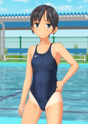 Rule 34 | 1girl, absurdres, androgynous, bench, black eyes, black hair, black one-piece swimsuit, blue sky, blurry, cloud, competition swimsuit, contrapposto, day, depth of field, fence, flat chest, hand on own hip, highres, looking at viewer, mizuno (brand), one-piece swimsuit, one-piece tan, original, outdoors, shed, short ponytail, sky, smile, solo, standing, striped clothes, striped one-piece swimsuit, swimsuit, takafumi, tan, tanline