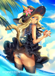 Rule 34 | animal ears, ass, black dress, black legwear, blonde hair, blue eyes, blue sky, breasts, cat ears, cat tail, cloud, commentary, commission, day, dress, dutch angle, ears through headwear, english commentary, final fantasy, final fantasy xiv, flower, frilled dress, frills, from behind, hair flower, hair ornament, hat, highres, holding, ling (doraling12), long hair, looking at viewer, looking back, medium breasts, miqo&#039;te, panties, pantyshot, parted lips, shell, sky, standing, striped clothes, striped panties, tail, thighhighs, underwear, water, watermark