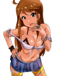 Rule 34 | 10s, 1girl, ahoge, blue eyes, blue nails, breasts, brown hair, butterfly earrings, cleavage, earrings, front-tie top, gyaru, hand on own hip, highres, idolmaster, idolmaster million live!, jewelry, kogal, large breasts, leaning forward, long hair, looking at viewer, mayanokure, nail polish, navel, open mouth, piercing, revealing clothes, ring, sketch, solo, thighhighs, tokoro megumi, tongue, tongue out, tongue piercing