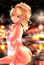 Rule 34 | 1girl, amaryllis gumi, ass, bathing, blonde hair, blush, breasts, butt crack, cleavage, collarbone, covering privates, dark-skinned female, dark skin, earrings, fang, gyaru, hair ornament, hair scrunchie, hairclip, high ponytail, highres, jewelry, large breasts, lips, long hair, looking at viewer, nail polish, naked towel, nude cover, onsen, open mouth, orange eyes, ouga saki, outdoors, pink nails, scrunchie, see-through, shashaki, sitting, sky, solo, star (sky), star (symbol), star earrings, starry sky, towel, virtual youtuber, water, wavy hair, wet towel, white scrunchie, white towel