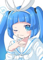 Rule 34 | 1girl, ;3, blue eyes, blue hair, blue neckwear, blush stickers, closed mouth, commentary request, eyebrows hidden by hair, hair ribbon, hand up, highres, long hair, long sleeves, looking at viewer, nipako, one eye closed, ribbon, sailor collar, school uniform, serafuku, shika (s1ka), shirt, simple background, solo, translation request, twintails, ultimate nipper, upper body, v-shaped eyebrows, white background, white ribbon, white sailor collar, white shirt