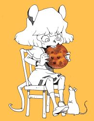 Rule 34 | 1girl, animal ears, chair, cookie, eating, food, monochrome, mouse (animal), mouse ears, mouse tail, nazrin, onikobe rin, short hair, sitting, tail, teeth, touhou, yellow background