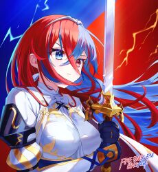 Rule 34 | 1girl, absurdres, alear (female) (fire emblem), alear (fire emblem), blue background, blue eyes, blue hair, bow, cape, closed mouth, crossed bangs, fire emblem, fire emblem engage, gloves, hair between eyes, heterochromia, highres, holding, holding sword, holding weapon, liberation (fire emblem), long hair, looking to the side, mky kmy, multicolored hair, nintendo, red eyes, red hair, simple background, solo, split-color hair, sword, tiara, two-tone hair, weapon, white bow
