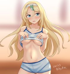 Rule 34 | 1girl, ame-san, blonde hair, blue eyes, blue shorts, blush, breasts, collarbone, cowboy shot, dated, hairband, highres, kantai collection, long hair, looking at viewer, medium breasts, navel, nelson (kancolle), open mouth, shorts, solo, twitter username, underboob, white hairband