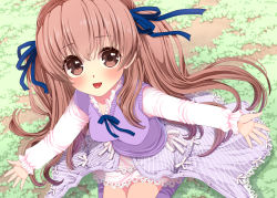 Rule 34 | 1girl, :d, blue ribbon, blush, brown eyes, brown hair, day, hair between eyes, hair ribbon, kneehighs, long hair, long sleeves, looking at viewer, on ground, open mouth, original, outdoors, outstretched arms, pink shirt, purple skirt, purple socks, ribbon, shirt, sitting, skirt, smile, socks, solo, striped clothes, striped skirt, suzune rai, sweater vest, two side up, vertical-striped clothes, vertical-striped skirt, very long hair, wariza