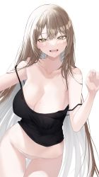 Rule 34 | 1girl, absurdres, bare shoulders, black shirt, breasts, brown eyes, brown hair, chungu, cleavage, highres, large breasts, long hair, mole, mole on breast, no pants, open mouth, original, panties, shirt, simple background, solo, swept bangs, underwear, white background, white panties