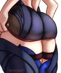 Rule 34 | 1girl, ass, ass focus, eula (genshin impact), from behind, genshin impact, head out of frame, highres, huge ass, leotard, measuring, shiny clothes, shiny skin, sleeswaifus, solo, tape measure, thick thighs, thighhighs, thighs